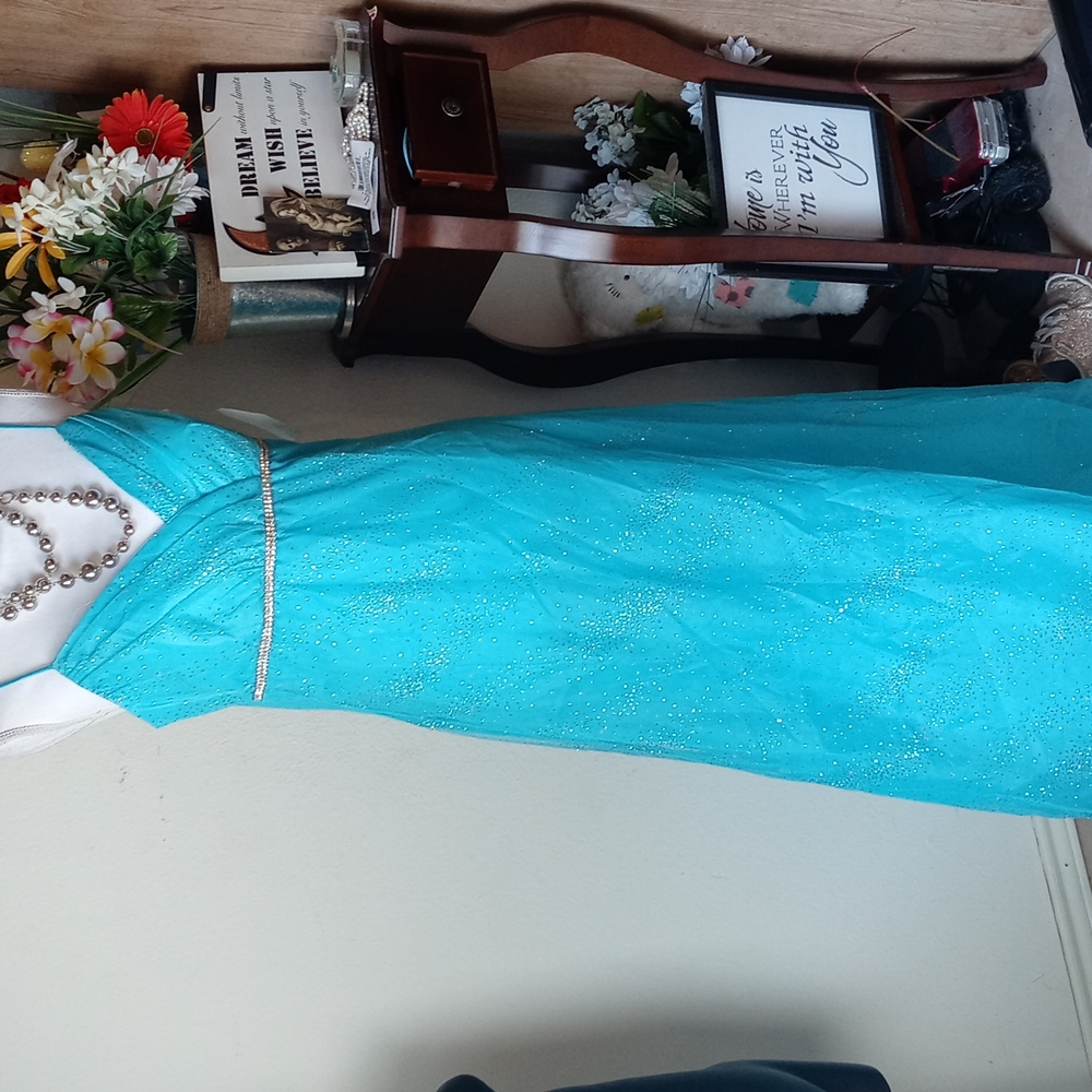 This Blue Prom Dress with Diamonds all over is a Size 8 made by Onyx Nites!Ver